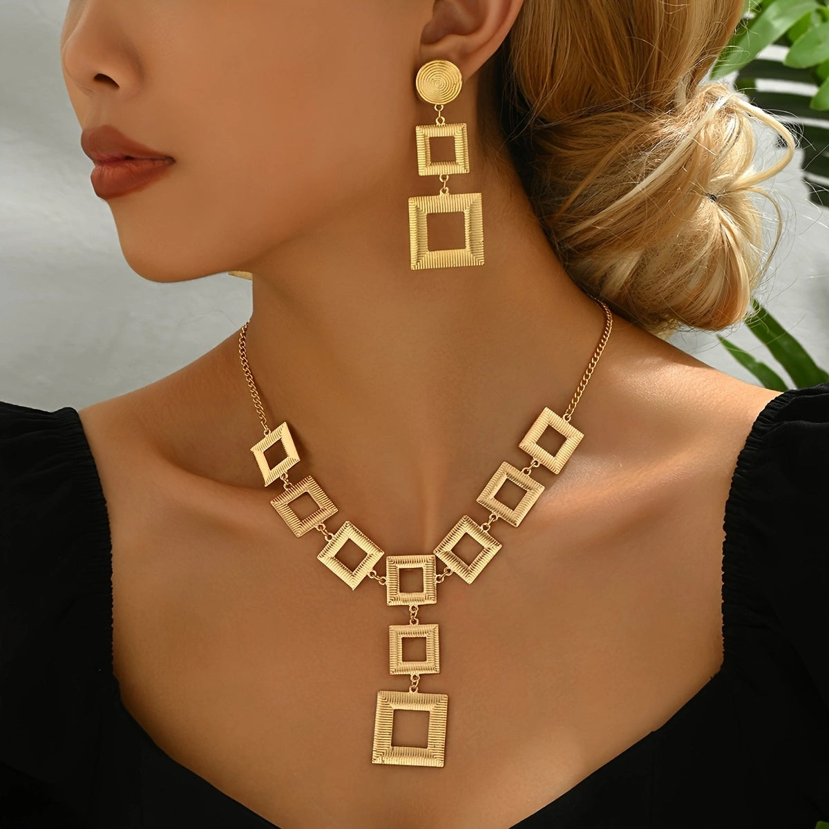 Lxalry 14K Gold Geometric Jewelry Set Electroplated Necklace Earrings Duo Hypoallergenic 316L Gift For Everyday Chic To Evening Glamour