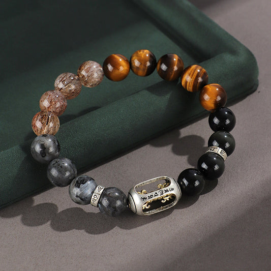 925 Silver Hoop Mantra Yellow Tiger Eyes Black Myth Wukong Men And Women Bracelet